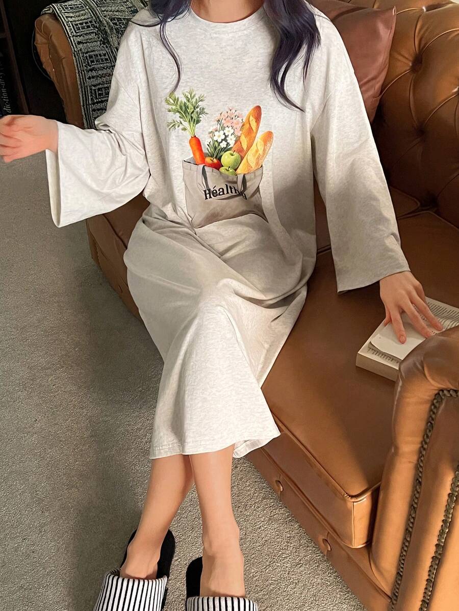 DAZY Food Print Pattern Loose Long Sleeve Nightgown Women Sleepwear Dress - Light Grey - View 1