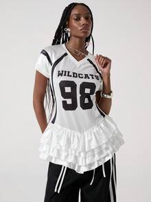 ROMWE Avant 可爱运动甜美印花水钻珍珠荷叶边下摆女式上衣 - 白色 - 查看 5