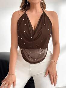 Firerie Áo hai dây và áo tank top cỡ lớn, thoải mái, giản dị, thanh lịch, đa năng, thích hợp cho kỳ nghỉ, buổi hòa nhạc, lễ hội âm nhạc, xếp ly, cổ rủ, đính ngọc trai, lưới, hở lưng, dự tiệc, mùa xuân/hè. - Cà phê nâu - Xem 6