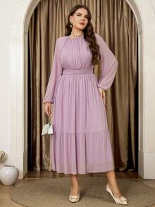 Veilorie Plus Size Women's Solid Color Round Neck Lantern Sleeve Shirred Waist Elegant Dress - Pink - View 4