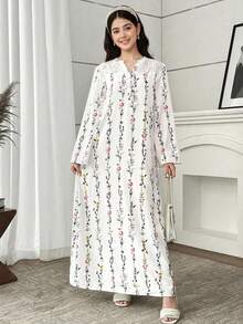 SHEIN Teen Girls White Polyester Long Sleeve Tunic Dress With Ruffle Details And Notched Neckline Vacation Style Floral Print - White - View 8
