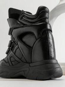 Solezae 新款超赞女士 Super Maranto Balskee 闪亮黑色亮片高帮魔术贴搭扣绗缝加厚鞋领隐形坡跟运动时尚运动鞋 - 黑色 - 查看 7