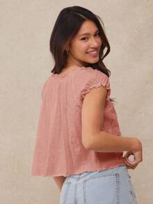 WESTFADE 粗针织褶皱圆领短泡泡袖蝴蝶结前摆上衣 女式休闲可爱夏季度假上衣 - 淺粉色 - 查看 2