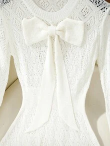 GlowEve Minimalist Round Neck French Romantic Style White Hollow Out Jacquard Knit Dress With 3D Bow Decor, Long Sleeve Waist Cinched A-Line Sweater Dress For Women, Spring/Autumn - White - View 5
