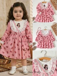 Cozy Pixies Bộ 2 món cho bé gái: váy dài tay cổ tròn phối màu hoa văn và túi đeo chéo. - Màu hồng đậm - Xem 9
