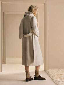 MOTF PREMIUM 羊毛双排扣门襟系带大衣配围巾 - 米色 - 查看 4