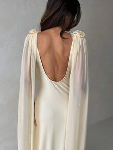 Aloruh 女士艺术纯色杏色露背缎带装饰3D花卉网纱飘逸垂褶领口修身美人鱼连衣裙 - 杏色 - 查看 8