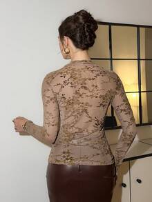 Lavishia Women's Flocked Long Sleeve Top, Elegant & Versatile For Party, Christmas, New Year Spring Outfit Women Valentine's Day Going Out Top Spring Outfit Women Elegant - Khaki - View 2