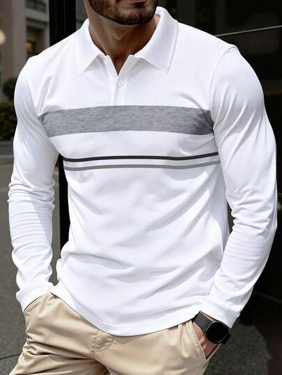 Manfinity Homme Camisa polo de manga larga a rayas, estilo minimalista de moda casual de negocios y hip-hop para hombres de talla grande