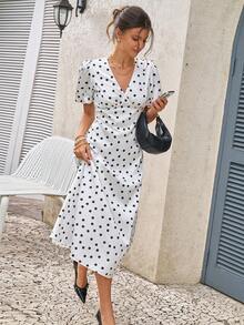 Cévolie Women's Polka Dot Print Deep V-Neck Puff Sleeve Fitted Midi Dress - White - View 5