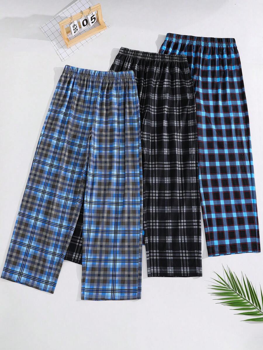 SHEIN 3pcs/Set Teen Boys' Casual Comfortable Plaid Pajama Pants Set Plaid Pj Pants Teen Black And White Pjs Teens Blue Plaid Pajama Bottoms Men's Pajama Pants Black And White Plaid Pants