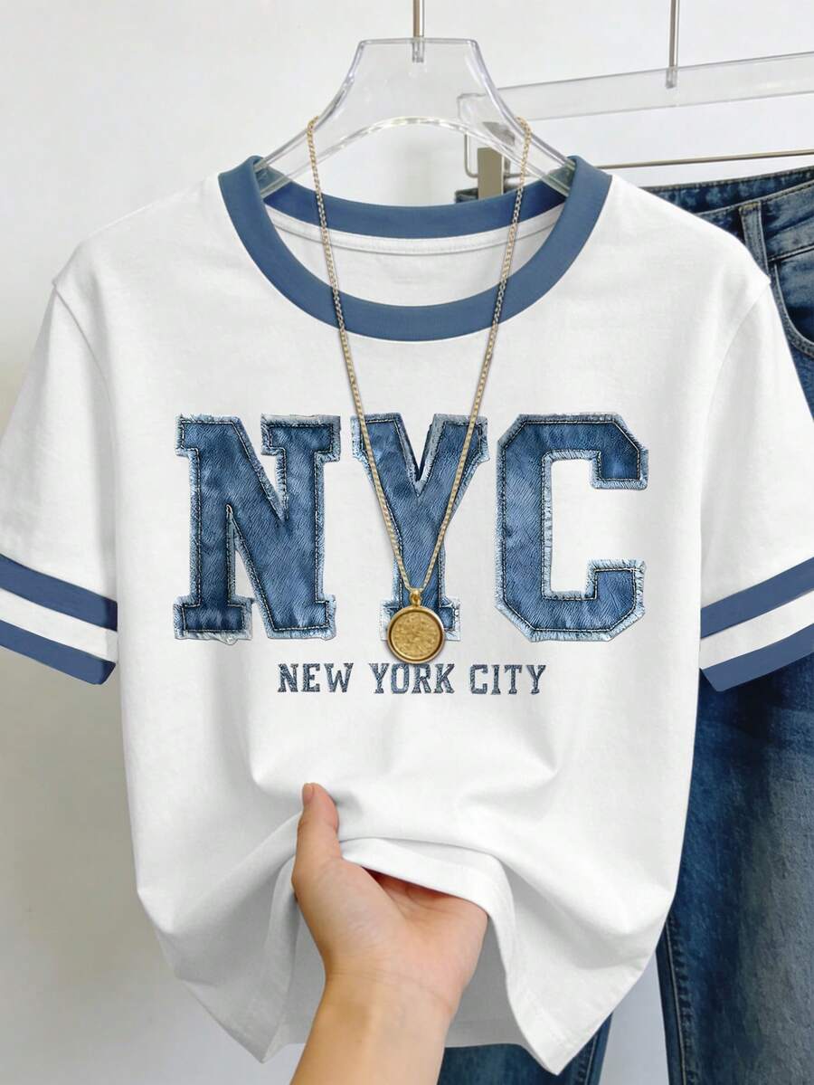 EMERY ROSE 大码女士Y2K街头风T恤 - 印有“NYC”字样,休闲风格,白色底蓝色滚边,夏季时尚日常穿着的完美之选 | Y2K | 时尚文字设计,女士T恤 - 彩色 - 查看 1