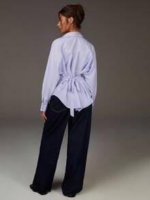 Athîral 女士条纹落肩长袖宽松时尚衬衫 - 淡紫色 - 查看 5