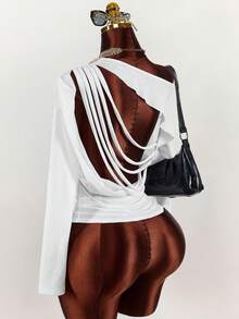 Amplova 2026 New Oblique Shoulder Sheer Comfortable Cover-Up, Backless Sexy Women T-Shirt - White - View 4