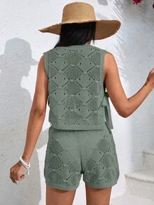 EURMUSE Women's Hollow Out Shorts & Top Cover Up Set - Mint Green - View 2