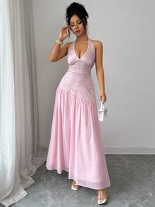 Selianne Hot Pink Summer Elegant Wedding Ninang Jacquard Patchwork Chiffon Halter Waist Flared Dress,Women's Birthday Dinner Satin Formal Dresses - Pink - View 6