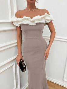EURMUSE Two Tones Off Shoulder Ruffle Trim Bodycon Dress, Elegant Dress - Mocha Brown - View 4