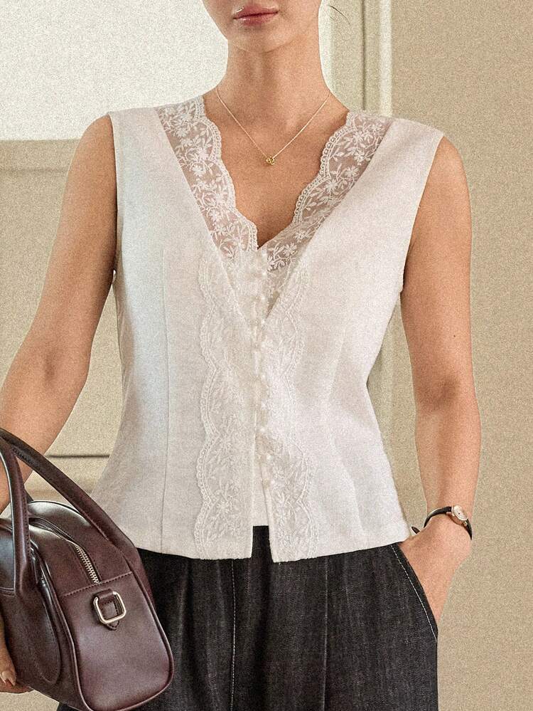 Women's V-Neck Lace Patchwork Casual Versatile Commuting Sleeveless Top