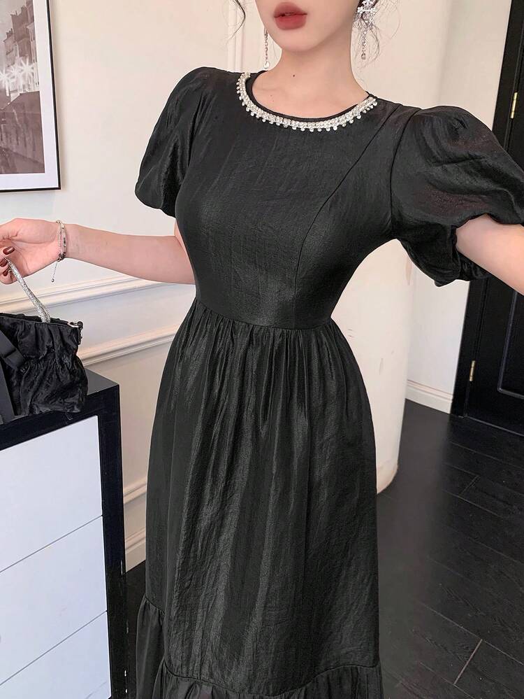 Women's Elegant Solid Color Round Neck Beaded Puff Sleeve Dress, Summer Maxi Dress Sundress