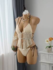 Bellisia Women's Summer Beach Halter Tie Ruffle Hem Backless Tankini And Triangle Bottoms Swimsuit Set - Beige - View 5