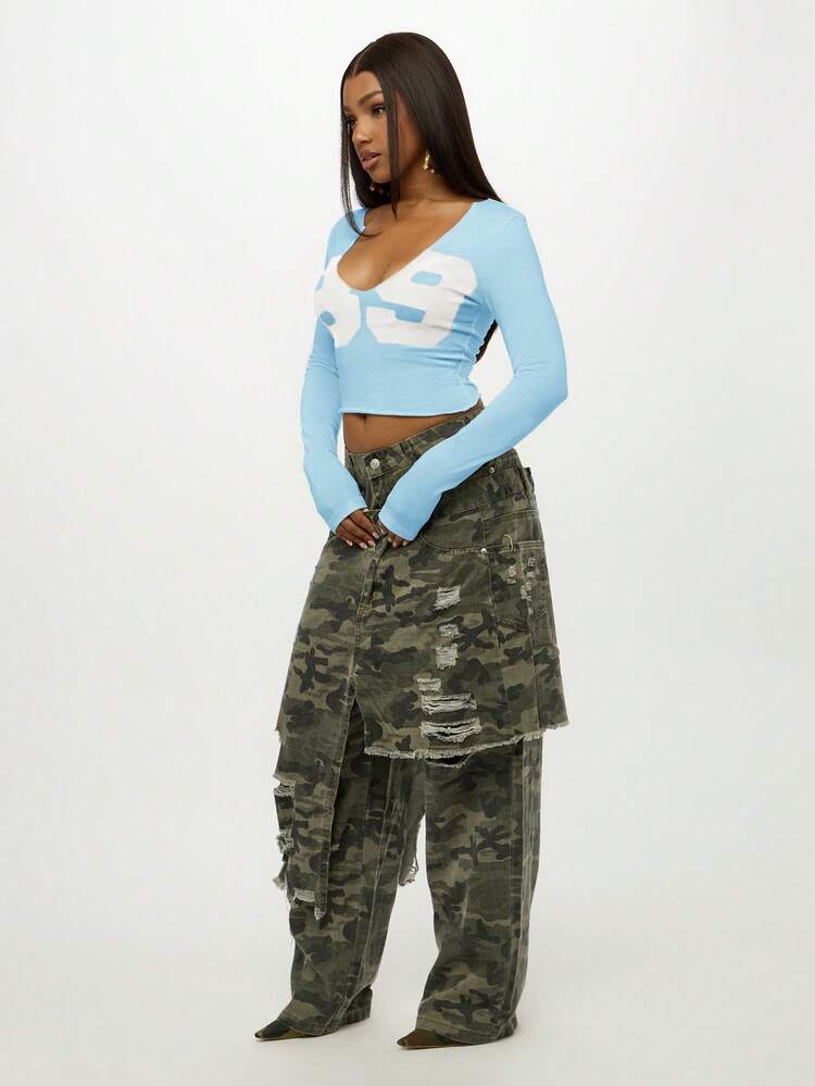 SUMWON WOMEN Long Sleeve Crop Top With Number Print