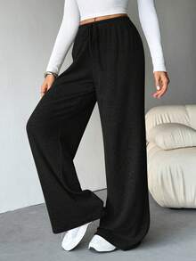 SHEIN Tall 女士罗纹磨毛阔腿裤，适合秋冬季穿着 - 黑色 - 查看 6