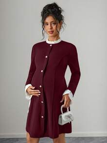 Momance Pregnant Women's Stand Collar Ruffle Patchwork Single-Breasted Casual Daily Party Long Sleeve Dress - Burgundy - View 4