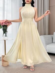 Feyla Vestido largo de fiesta elegante de mujer con cuello halter, diseño de abertura y cintura ceñida en unicolor - Amarillo - Ver 2