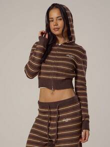 MUSERA 条纹针织短款拉链连帽上衣，春季少女风，日常穿搭，可爱休闲，甜豌豆春季款 - 彩色 - 查看 1