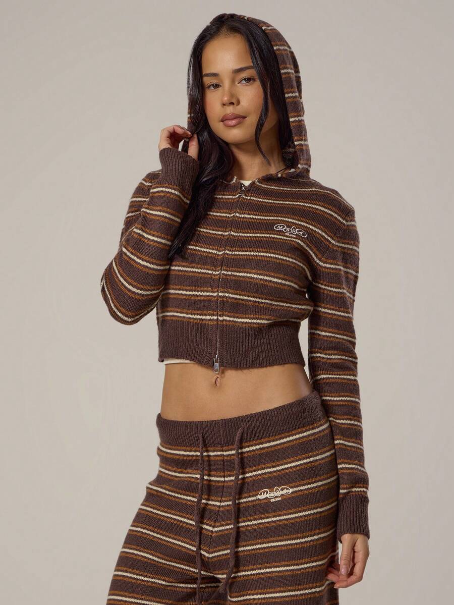 MUSERA 条纹针织短款拉链连帽上衣，春季少女风，日常穿搭，可爱休闲，甜豌豆春季款 - 彩色 - 查看 1