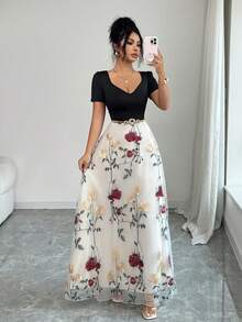 SHEIN Elenzya 优雅网纱撞色连衣裙，夏季刺绣网纱连衣裙，女士长裙，夏季吊带连衣裙，女士春季连衣裙，女士度假连衣裙，也适合作为婚礼宾客礼服、优雅连衣裙或乡村音乐会服装。通勤休闲返校季教师工作连衣裙 - 彩色 - 查看 7
