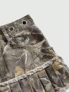 ROMWE Grunge Punk Punk Withered Leaf Print Metal Grommet Chain Pendant Pleated Women Denim Mini Skirt - Multicolor - View 3