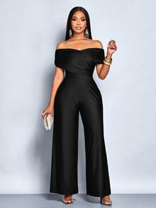 SOLERSUN Women's Elegant Solid Color Criss Cross Ruched Off Shoulder Jumpsuits - Black - View 5