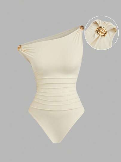 Sweetra Sexy Asymmetrical Shoulder Sleeveless Bodysuit For Women, Stylish & Slimming, Suitable For Spa, Vacation