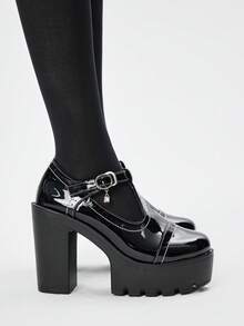 ROMWE Grunge Punk Women's High Heels Dark Rock Punk Goth Shoes Thick Heels Loafers Closed Toe Black High Heels Single Kick Thick Heels Formal Work Shoes Low Heels Party Dress Shoes T-Shaped Belt Mary Jane Leather Shoes Valentine's Day - Black - View 4