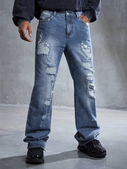 Jeans de mezclilla casual para hombres con lavado desgastado y decoración de rhinestones