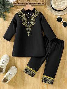 SHEIN Bata de manga larga con cuello Mao y pantalones largos casuales a juego, estilo chino para bebé niño, de tela suave con diseño impreso minimalista, de moda para primavera/verano - Multicolor - Ver 3