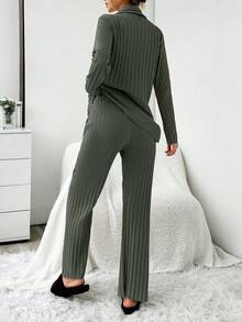 EURMUSE 2pcs Set: Contrast Stitching Ribbed Long Sleeve Top And Pants Pajama Set