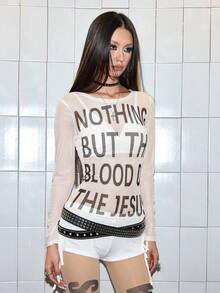 ROMWE Avant 标语印花薄纱上衣 - 卡其色 - 查看 4