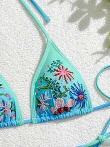 Swim Mod Embroidered Summer New Halter Neck Women's Swimsuit Ombre Floral Beaded Triangle Bikini Set, Beach Holiday Swimwear - Blue - View 1