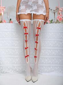 Crystal Vow 女士蝴蝶结装饰内衣配饰渔网袜 - 紅白色 - 查看 6