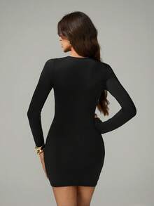 SHEIN Tall Vestido ajustado de unicolor simple con pliegues para mujer, vestido largo de manga larga sexy de otoño, vestido negro de manga larga - Negro - Ver 8