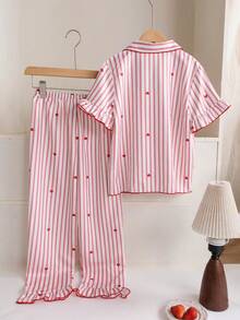 女童时尚可爱条纹爱心印花泡泡绉面料短袖上衣和裤子睡衣套装 - 紅色 - 查看 2
