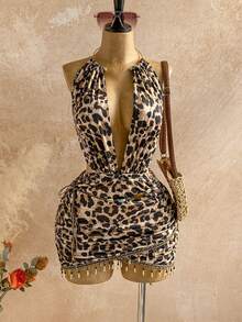 Soleia Vestido mini ajustado con escote pronunciado, decoración con cuentas y patrón vintage de malla, adecuado para fiesta de vacaciones, Navidad, cita, discoteca, estilo bohemio, vacaciones, otoño - Café integral - Ver 8