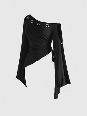 ROMWE Avant Vintage Asymmetric Shoulder Cinched Waist Flare Sleeve Eyelet Casual Batwing Sleeve Women Plus Size T-Shirt