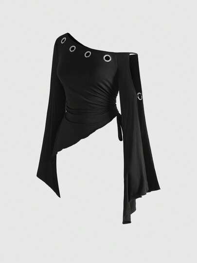 ROMWE Avant Maglietta casual da donna taglie forti con maniche a pipistrello, spalle asimmetriche, vita stretta e maniche a sbuffo con occhielli, in stile vintage