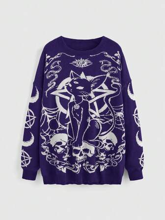 Goth Suéter holgado de talla grande con estilo gótico oscuro con estampado de gato negro, calavera, estrella, luna y serpiente en técnica de intarsia