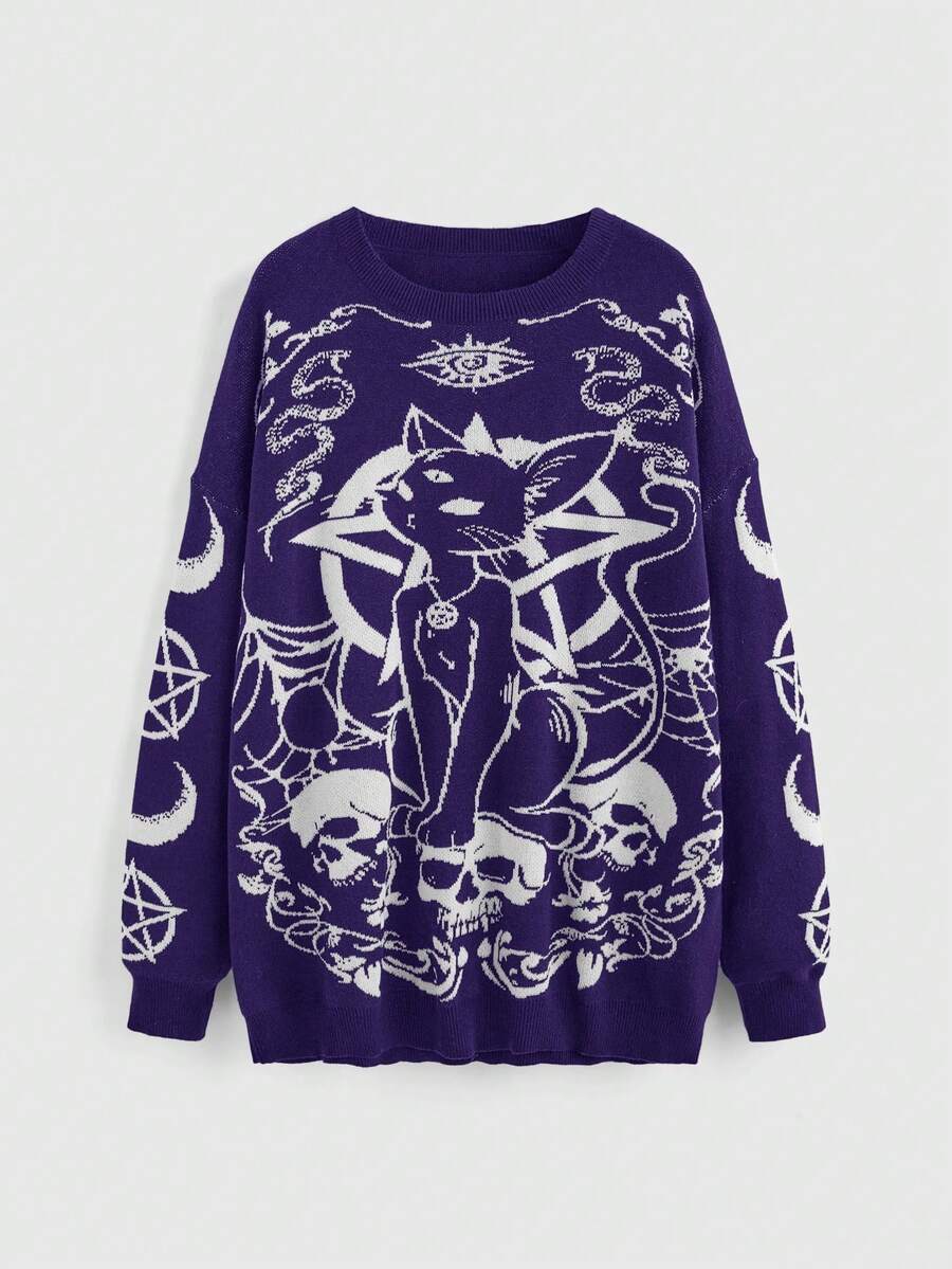 ROMWE Große Größen Gothic Loose Pullover Sweater mit Schwarz-Katzen, Schädel, Stern, Mond und Schlangen Intarsia Muster - Violett - Übersicht 1