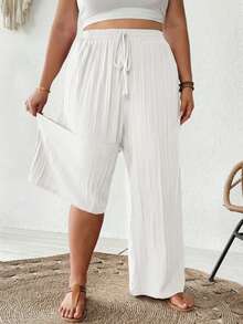 SHEIN CURVE+ 大码女装夏季休闲沙滩装，时尚商务通勤优雅阔腿裤，带口袋，莲花粉，夏季长裤，夏季/乡村/沙滩度假装/沙滩装/沙滩服饰 - 白色 - 查看 3