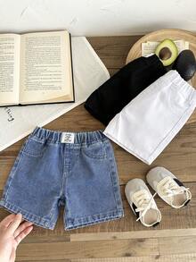 SHEIN LMoss Kids 3件套男婴柔软水洗休闲牛仔短裤套装，蓝/黑/白三色可选，适合春夏穿着，日常穿着、街头风、沙滩装、生日装、休闲牛仔裤、度假装，印花牛仔裤，三件套，2岁宝宝三件套，夏季三件套 - 彩色 - 查看 8